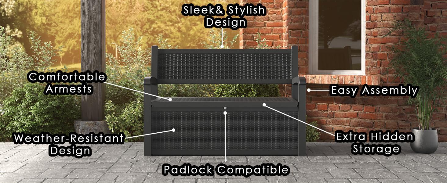 70 Gallon Weatherproof Outdoor Storage Bench, 2-in-1 Patio Rattan Textured Deck Box with Seating, Garden Furniture for Cushions, Tools, Balcony Use