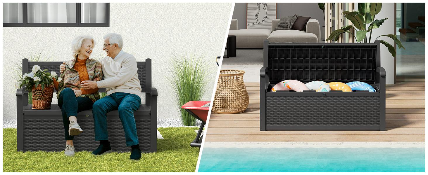 70 Gallon Weatherproof Outdoor Storage Bench, 2-in-1 Patio Rattan Textured Deck Box with Seating, Garden Furniture for Cushions, Tools, Balcony Use