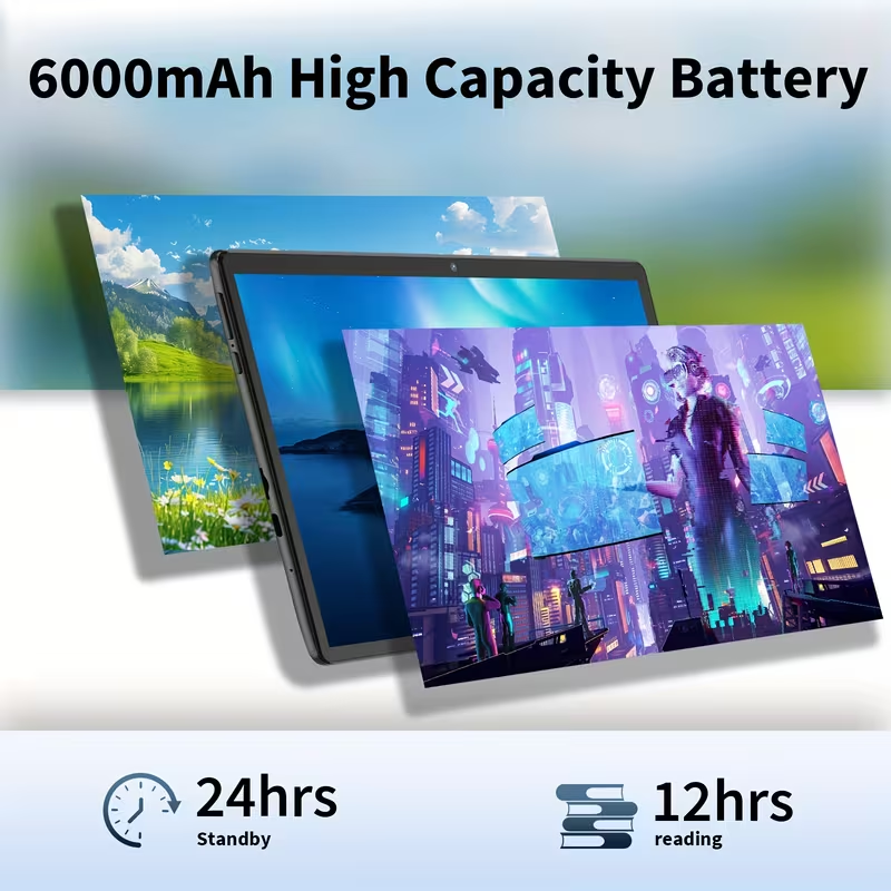 Latest Android 15 Tablet, 12GB (4GB+8GB)RAM + 64GB ROM, 10.1 Inches, Options: Tablet Only or Case + Tablet Version, 2-in-1 Tablet, Supports WiFi, GPS, Wireless Connection, Entertainment Tablet, 6000mAh Battery, Wi-Fi, (No Adapter), Pad, Tablet