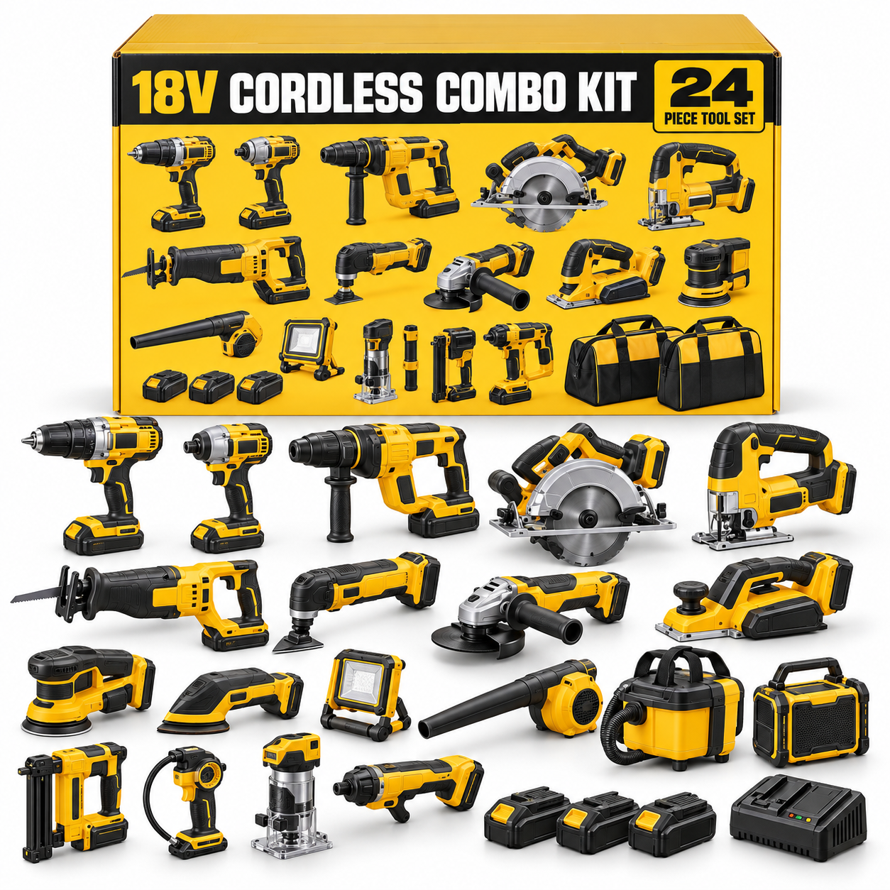 18V Cordless 10-Tool Combo Kit – 3 Batteries, Charger & 2 Tool Bags Included