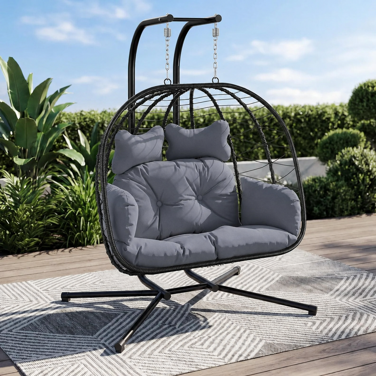 All-Weather 2-Seater Hanging Egg Chair with Stand | Heavy-Duty Lounger (317 kg)