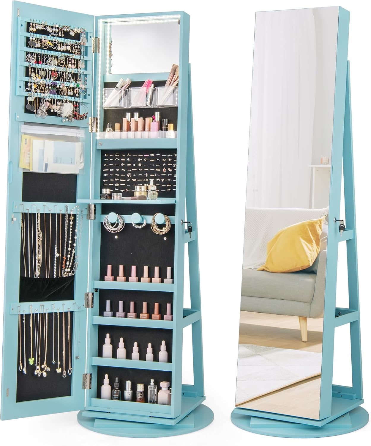 360° Rotating LED Jewelry Armoire with Full-Length Mirror, Lockable Storage & Rear Shelves – Rustic Brown