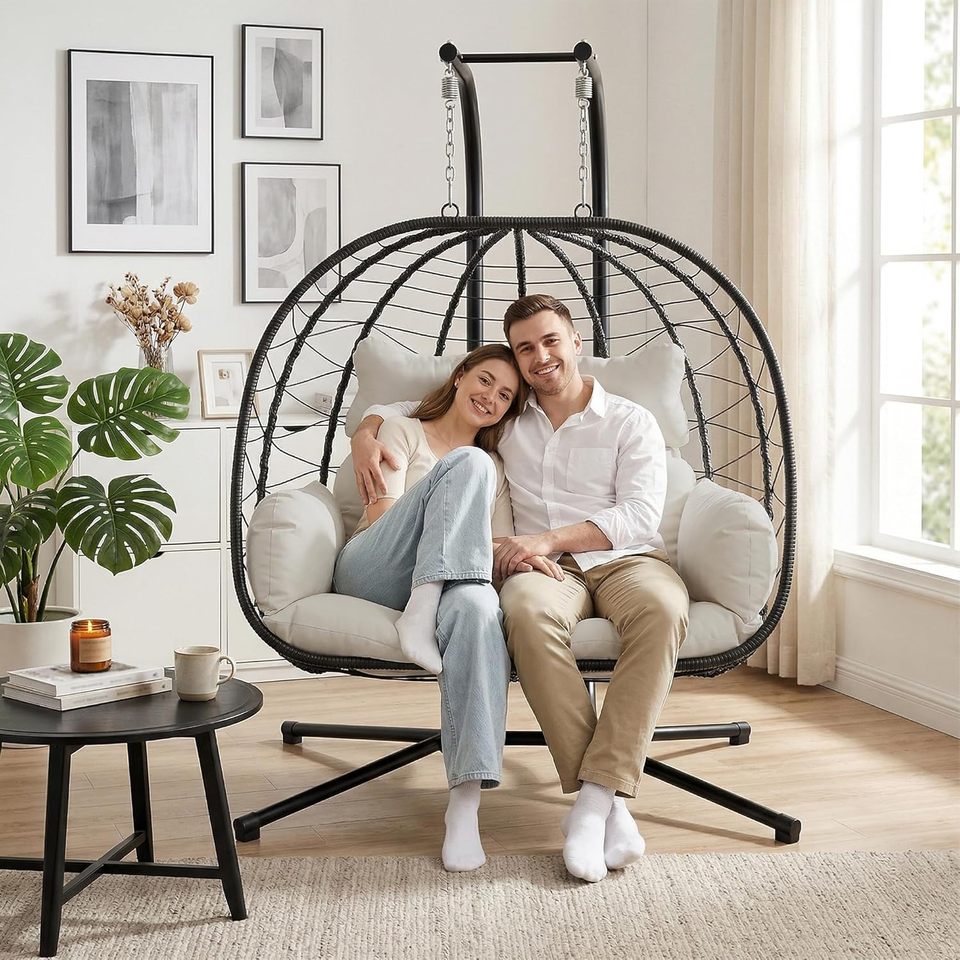 All-Weather 2-Seater Hanging Egg Chair with Stand | Heavy-Duty Lounger (317 kg)