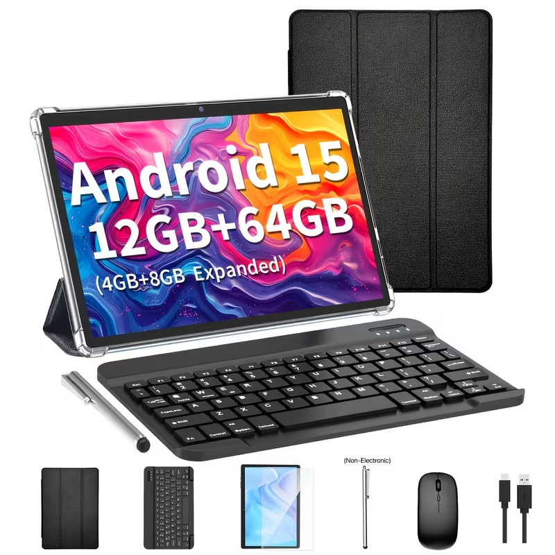 Latest Android 15 Tablet, 12GB (4GB+8GB)RAM + 64GB ROM, 10.1 Inches, Options: Tablet Only or Case + Tablet Version, 2-in-1 Tablet, Supports WiFi, GPS, Wireless Connection, Entertainment Tablet, 6000mAh Battery, Wi-Fi, (No Adapter), Pad, Tablet