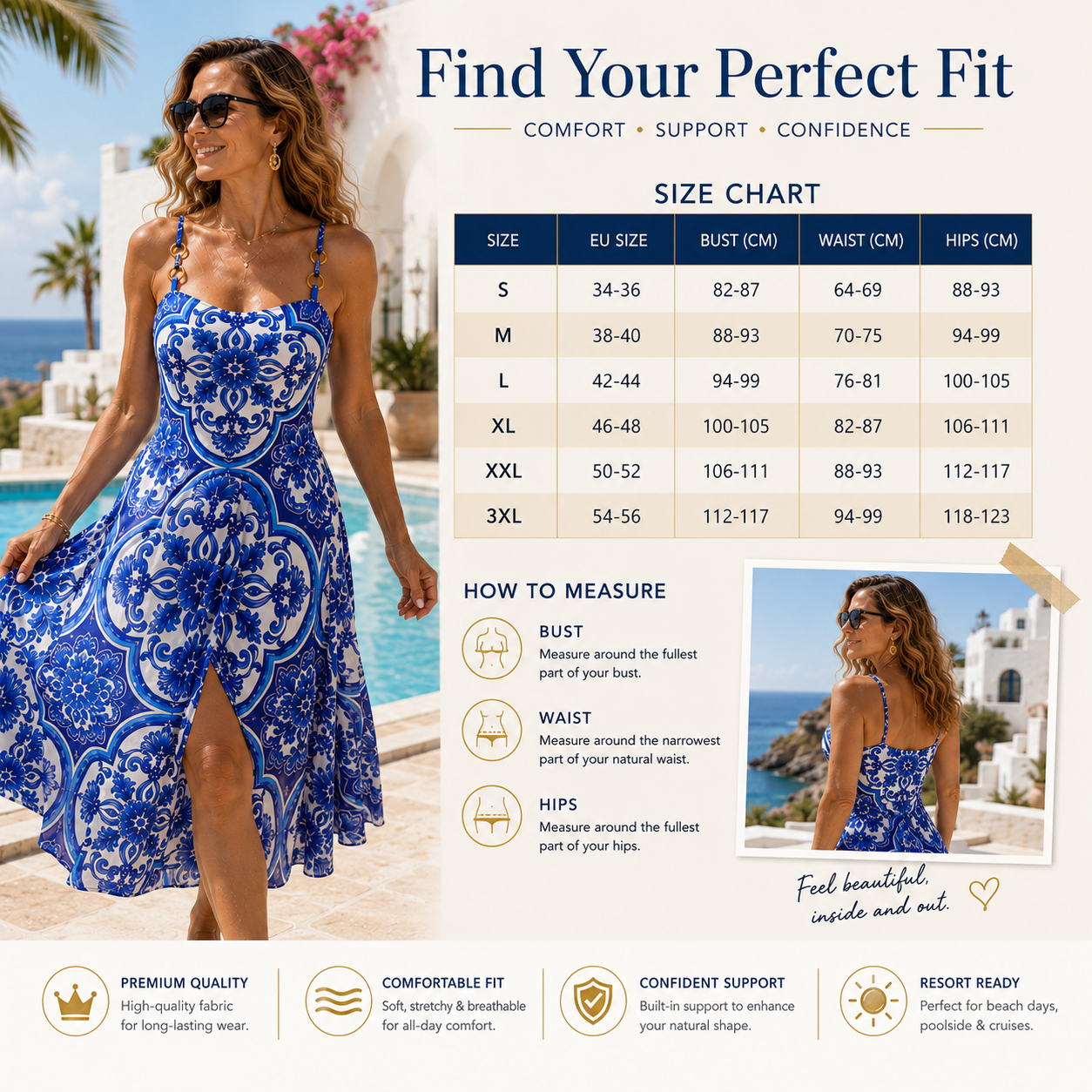 Women’s Mediterranean Blue Print Swimsuit Set with Cover-Up Skirt