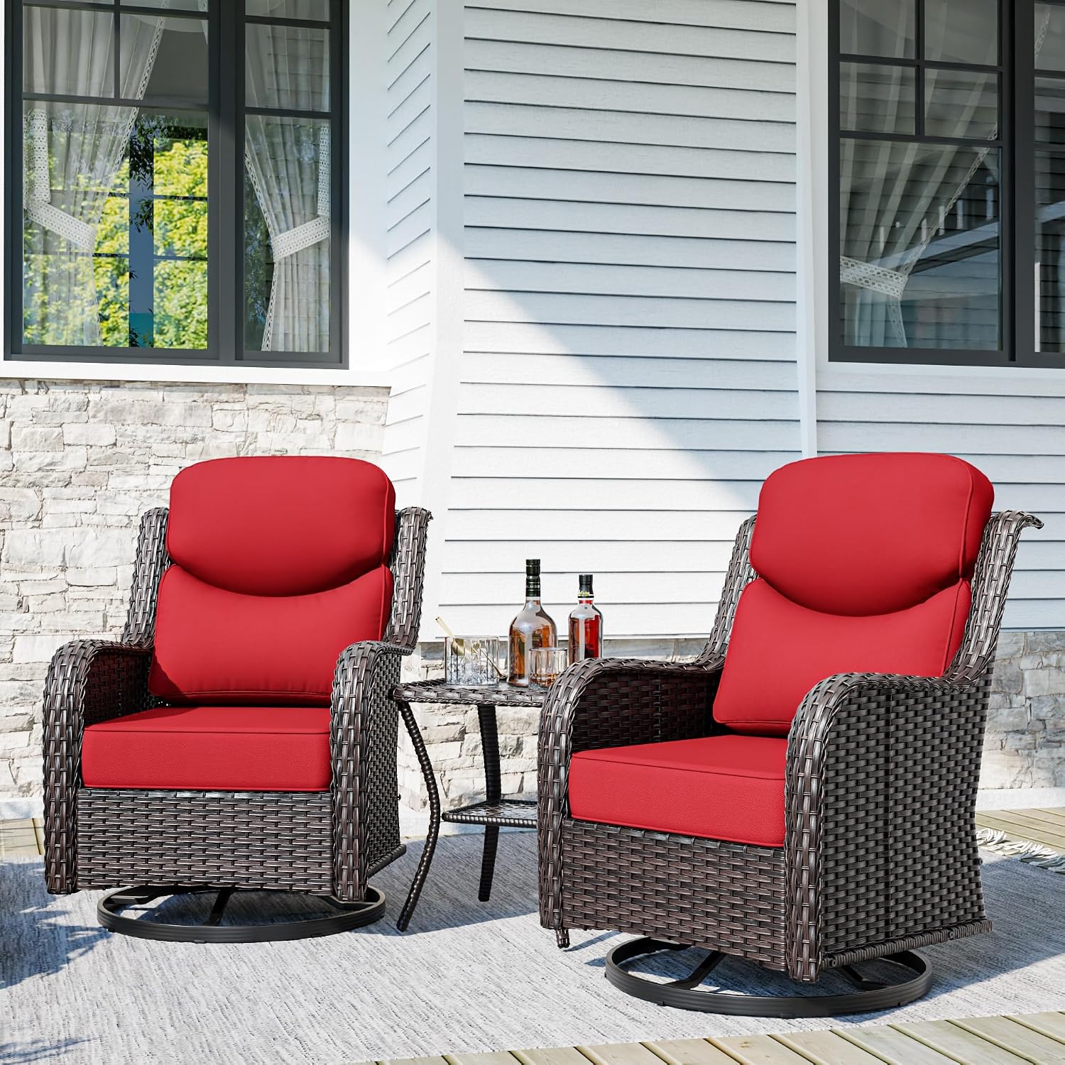 3-Piece Patio Swivel Rocker Chair Set with Side Table & Thick Cushions