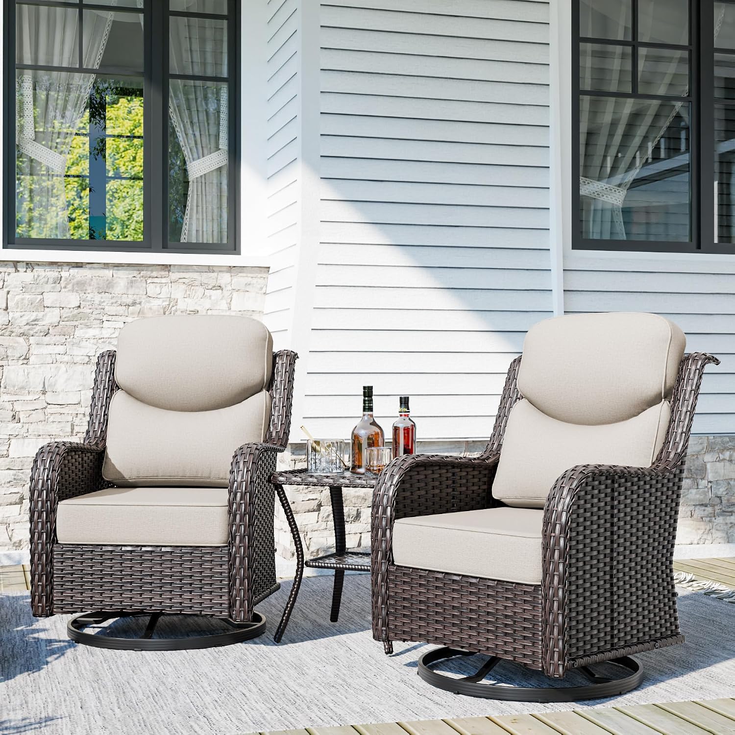 3-Piece Patio Swivel Rocker Chair Set with Side Table & Thick Cushions
