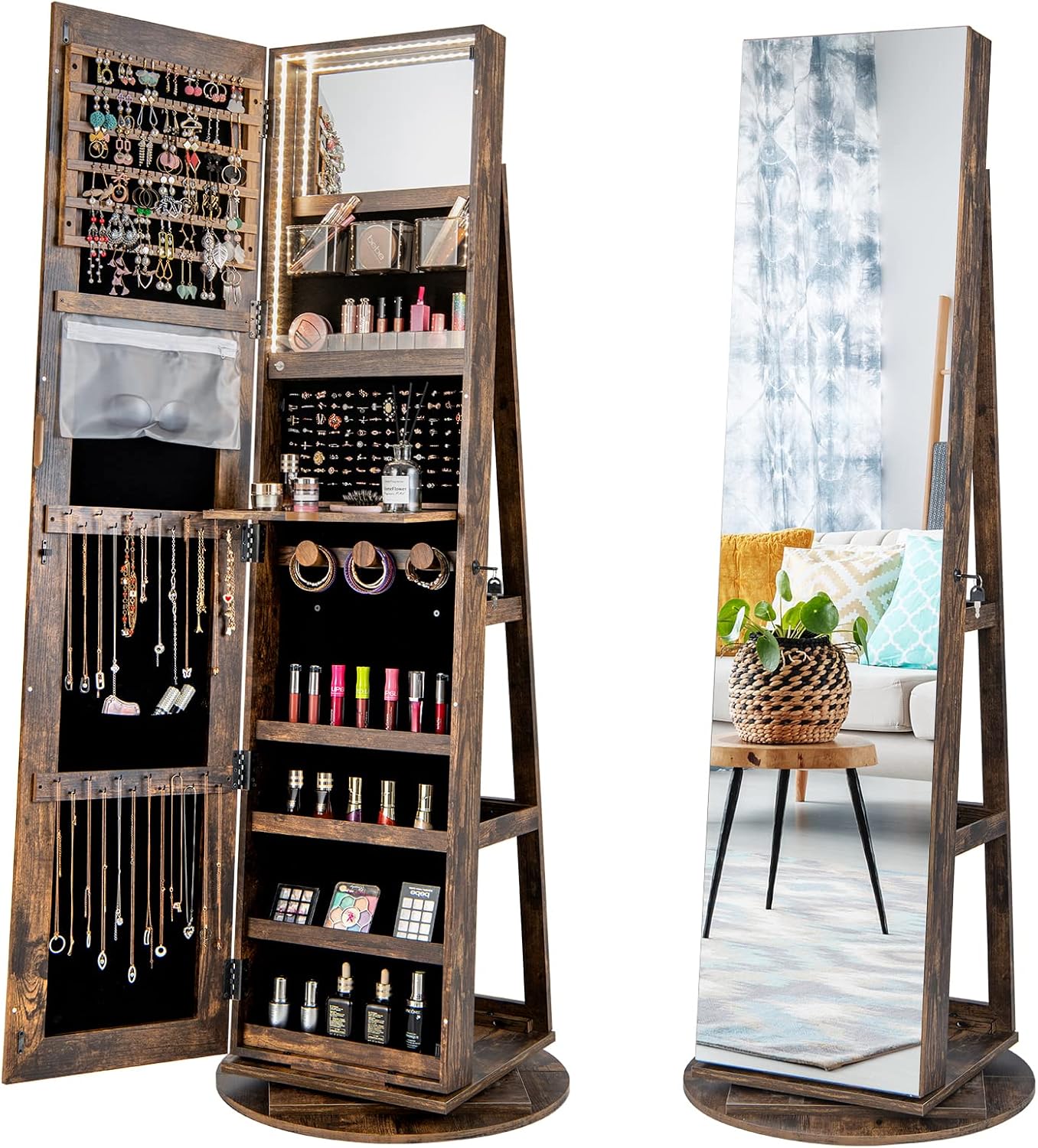 360° Rotating LED Jewelry Armoire with Full-Length Mirror, Lockable Storage & Rear Shelves – Rustic Brown