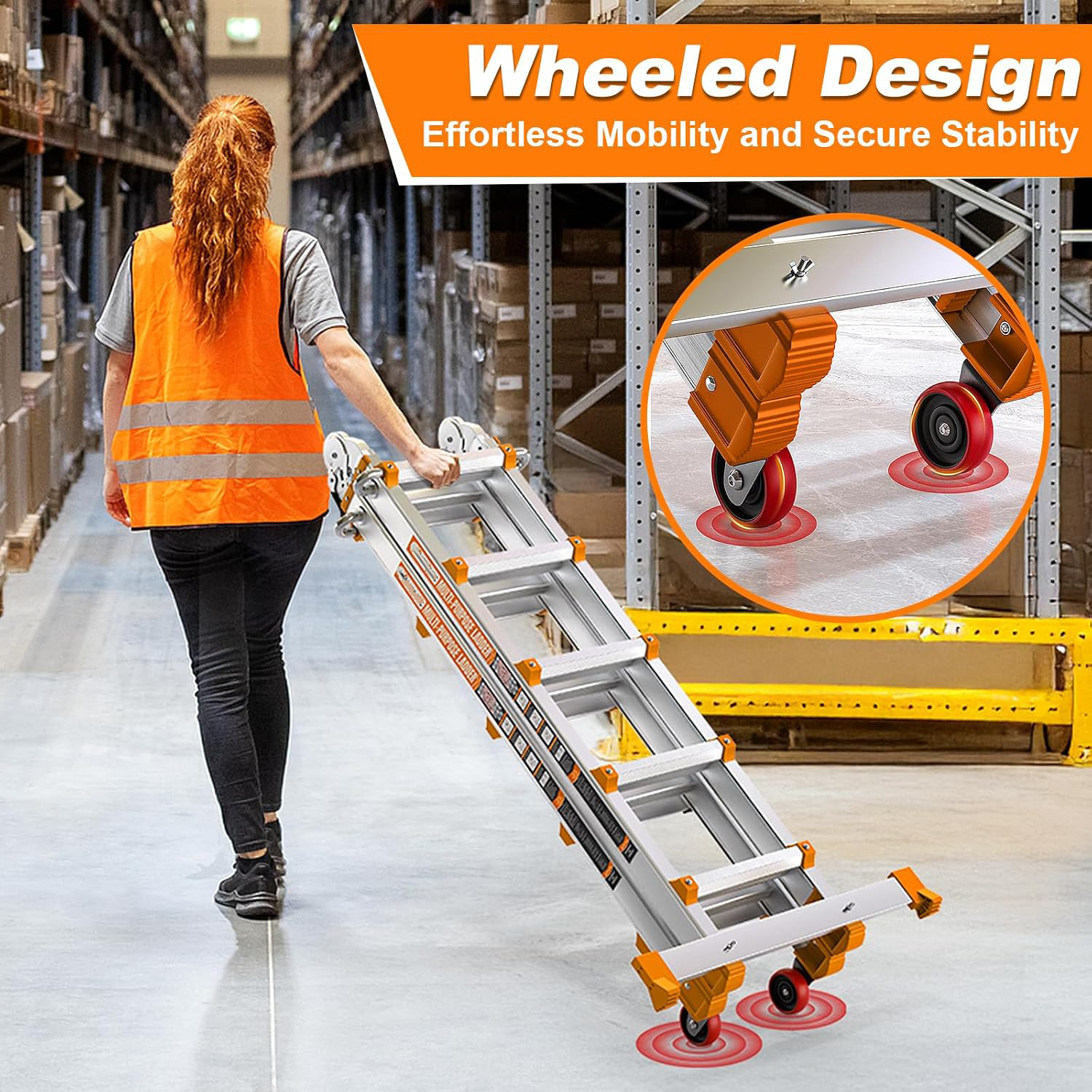 🔥 17FT Multi-Position Telescoping Ladder – Wheels & Stabilizer Bar, 330lb Load