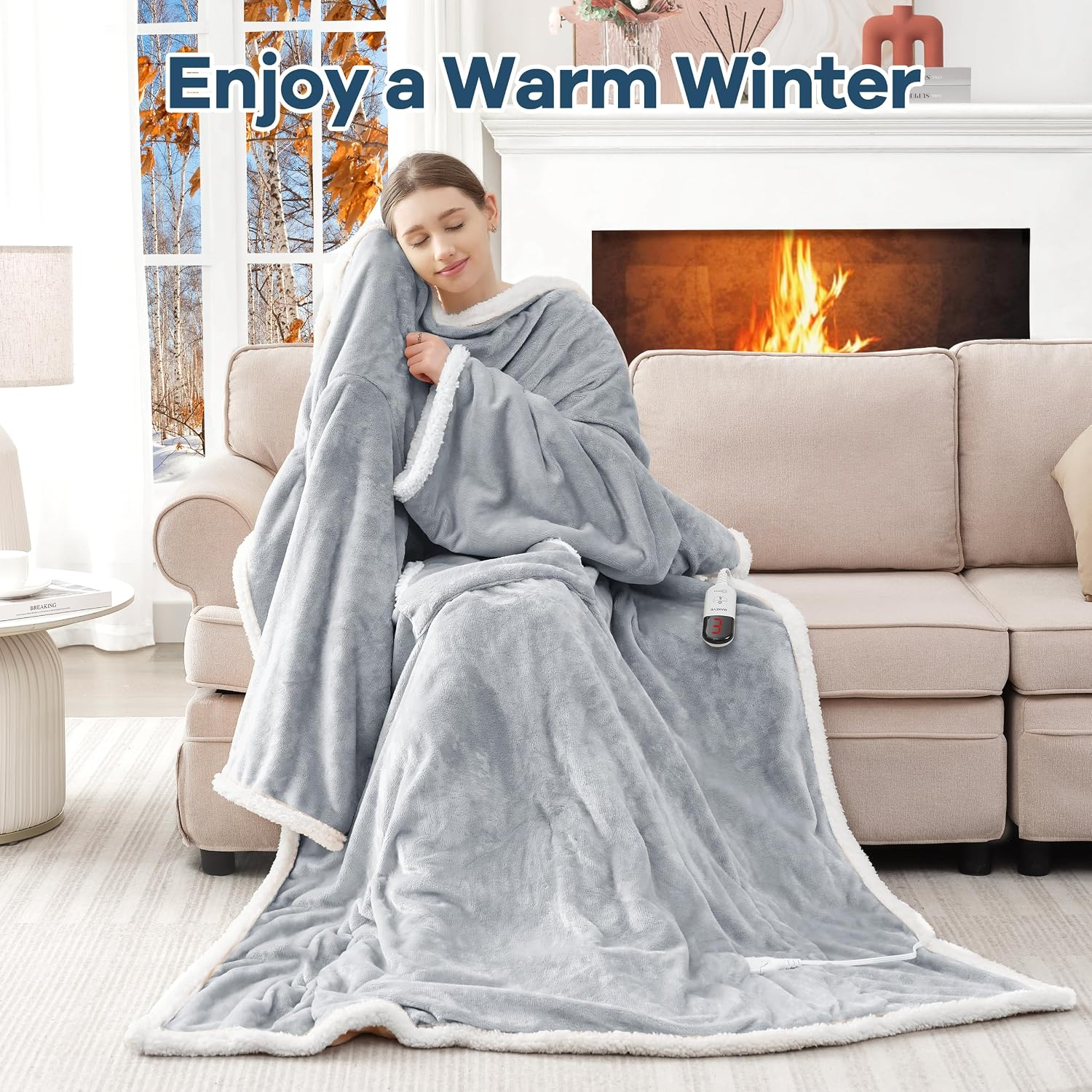 Electric Wearable Heated Blanket with Foot Pocket, Heated Blanket Wearable with Sleeves, Flannel & Sherpa Electric Throw Blanket for Sofa, 10 Heat Settings & 2-8H Auto Shut-Off, 50*70"+18", Light Grey