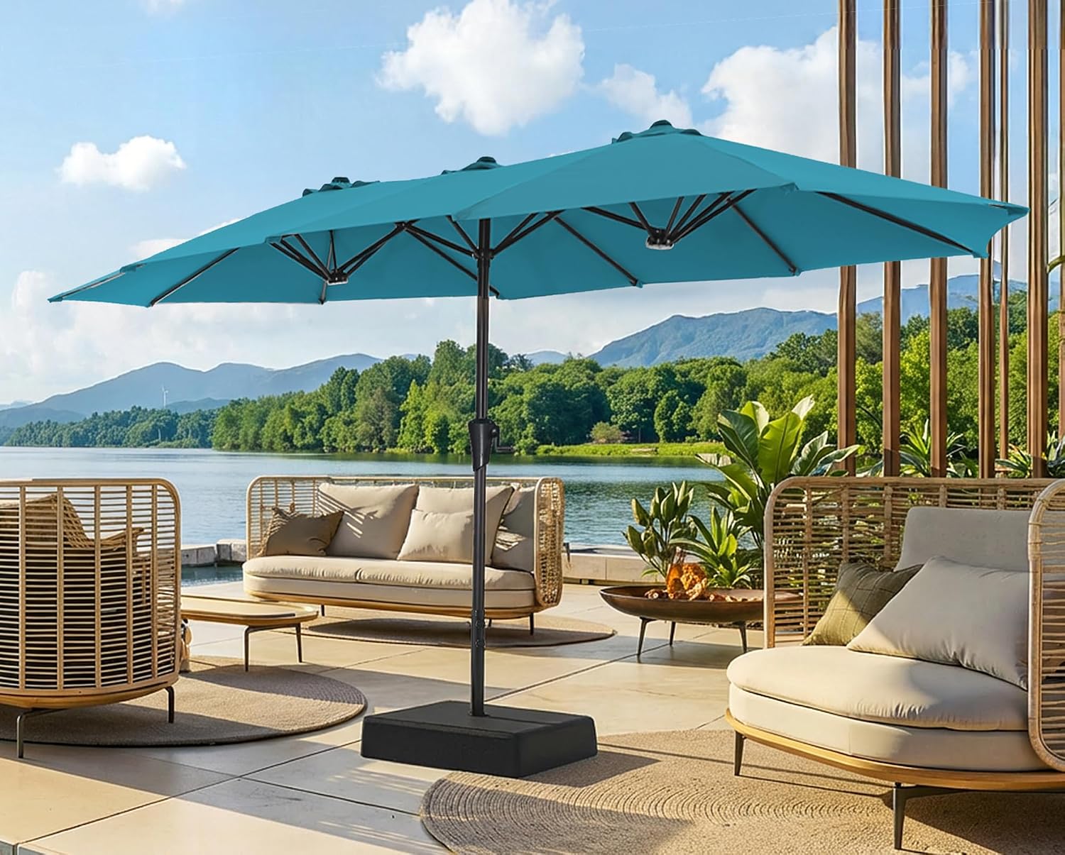 13FT Extra Large Double-Sided Outdoor Patio Umbrella with Base, Fade-Resistant Canopy for Pool, Deck, Garden & Backyard – Light Blue