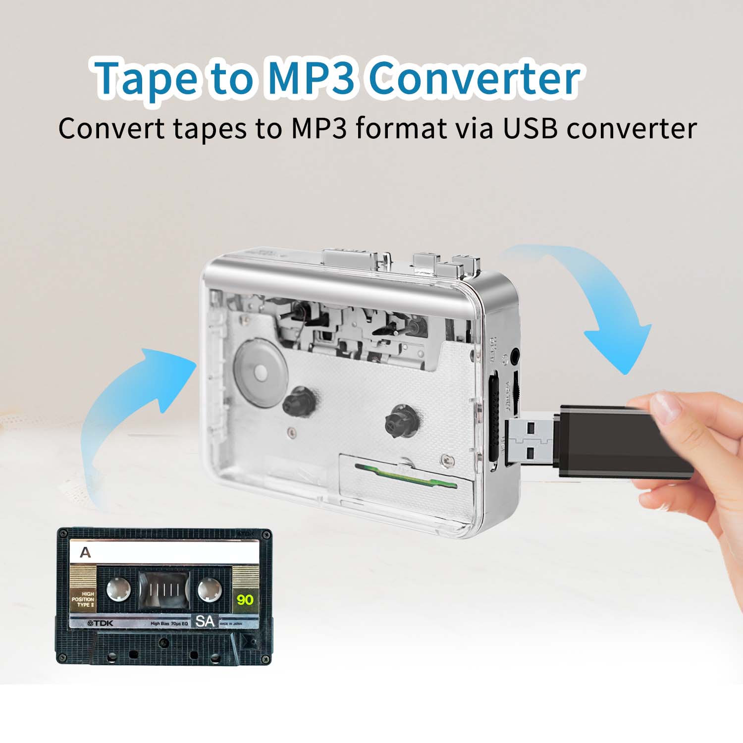 Transparent Radio & Cassette Player, USB Cassette Recorder, Tape-to-Digital Audio MP3 Converter, Push Button, Rechargeable, 3.5 mm Jack, PC-Powered for Music Lovers Rechargeable Radio