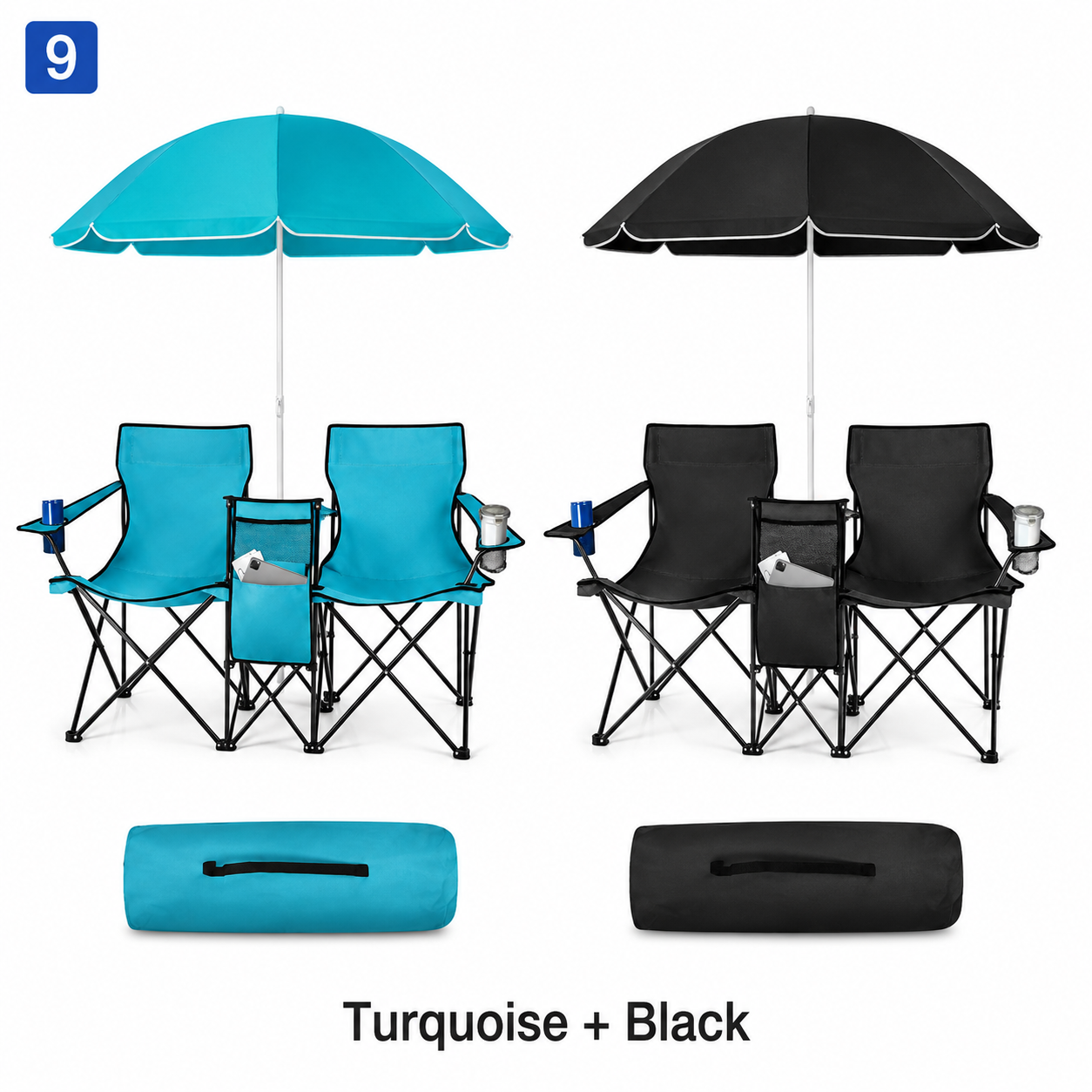 [Copy]Tangkula Double Camping Chairs with Umbrella, Portable 2 Seat Folding Camp Chair with Cooler Bag, Beverage Holder, Carrying Bag, Foldable Lawn Chair for Outside, Fishing, Picnic, Beach