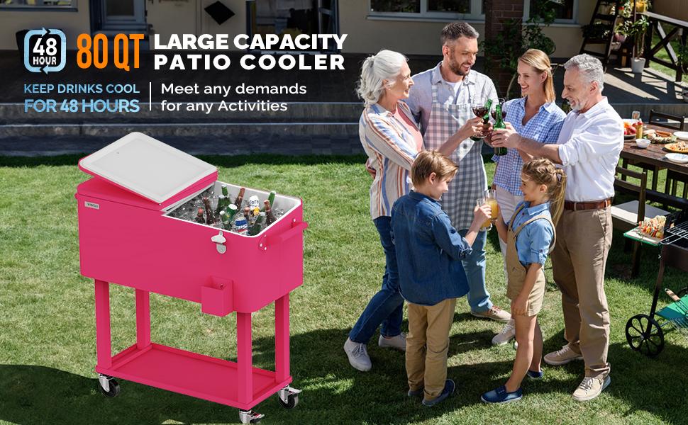 [Summervibes] VINGLI 80 Quart Rolling Ice Chest, Portable Patio Party Bar Drink Cooler Cart, with Shelf, Beverage Pool with Bottle Opener