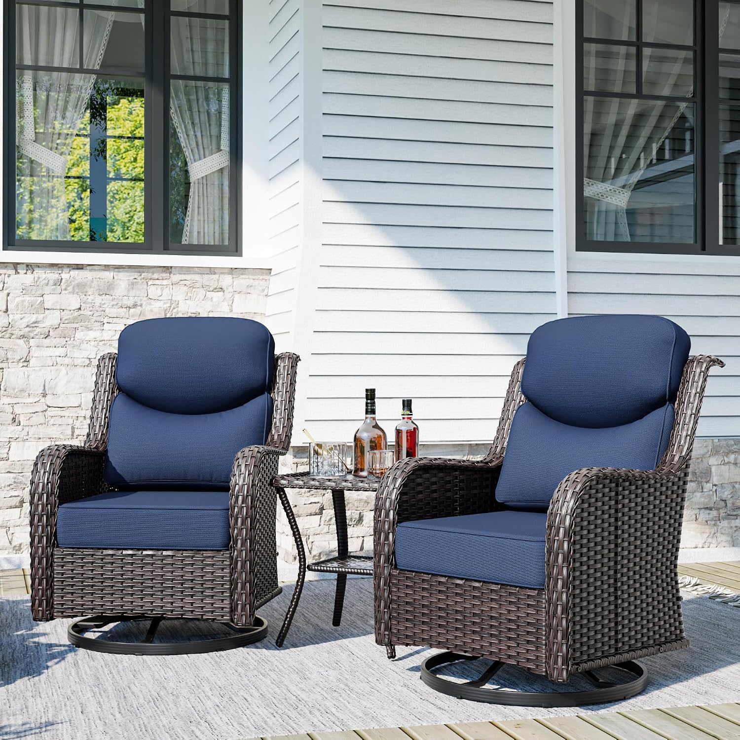 3-Piece Patio Swivel Rocker Chair Set with Side Table & Thick Cushions