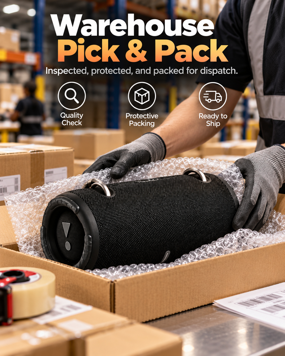 AI-generated packing illustration showing a black speaker in a box with protective wrapping