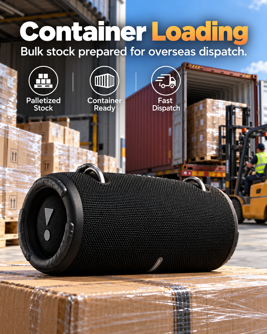AI-generated container loading illustration with a black speaker, palletized cartons and a forklift