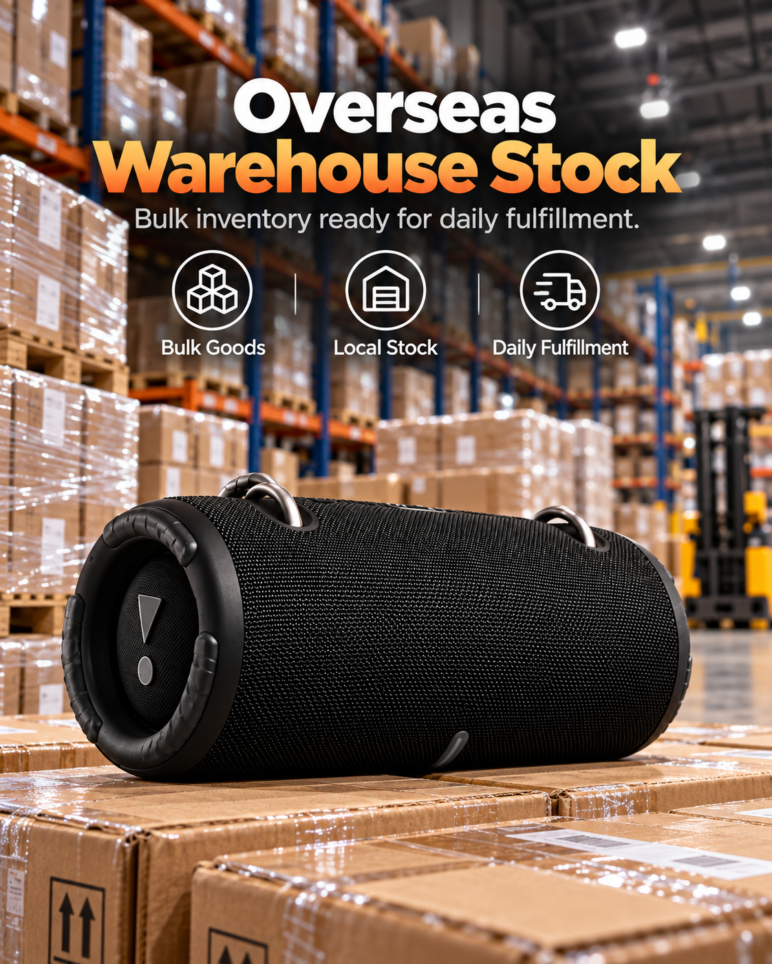 AI-generated warehouse illustration with a black speaker and palletized cartons