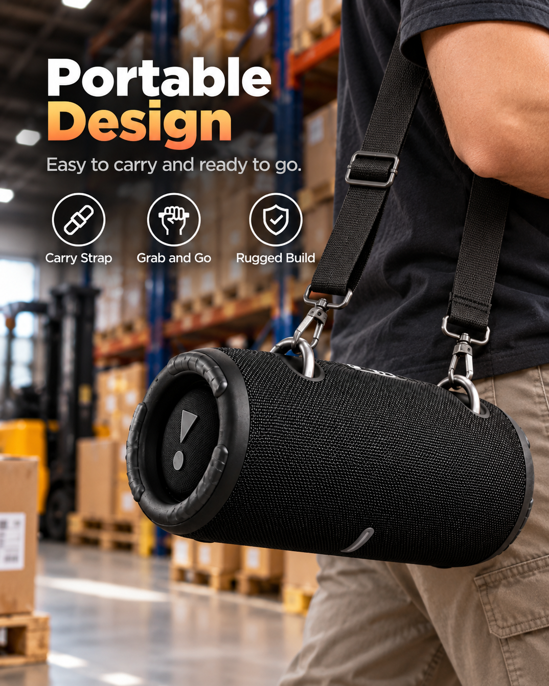 AI-generated illustration of a black portable speaker carried with a shoulder strap