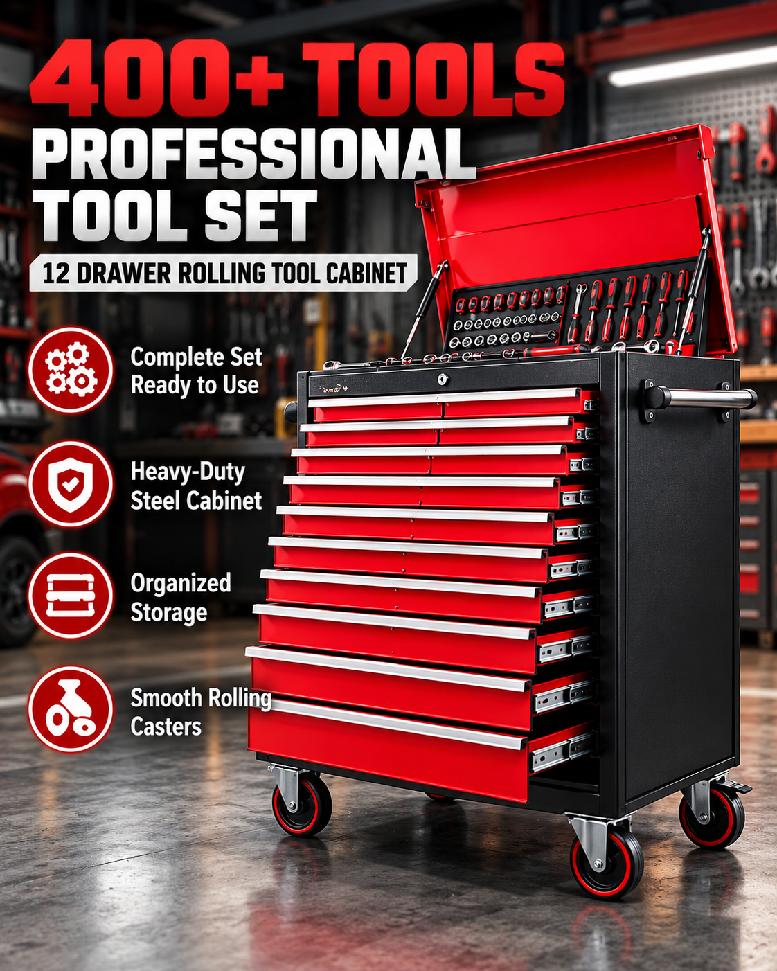 Professional Rolling Tool Cabinet – 12 Drawers with 400+ Tools