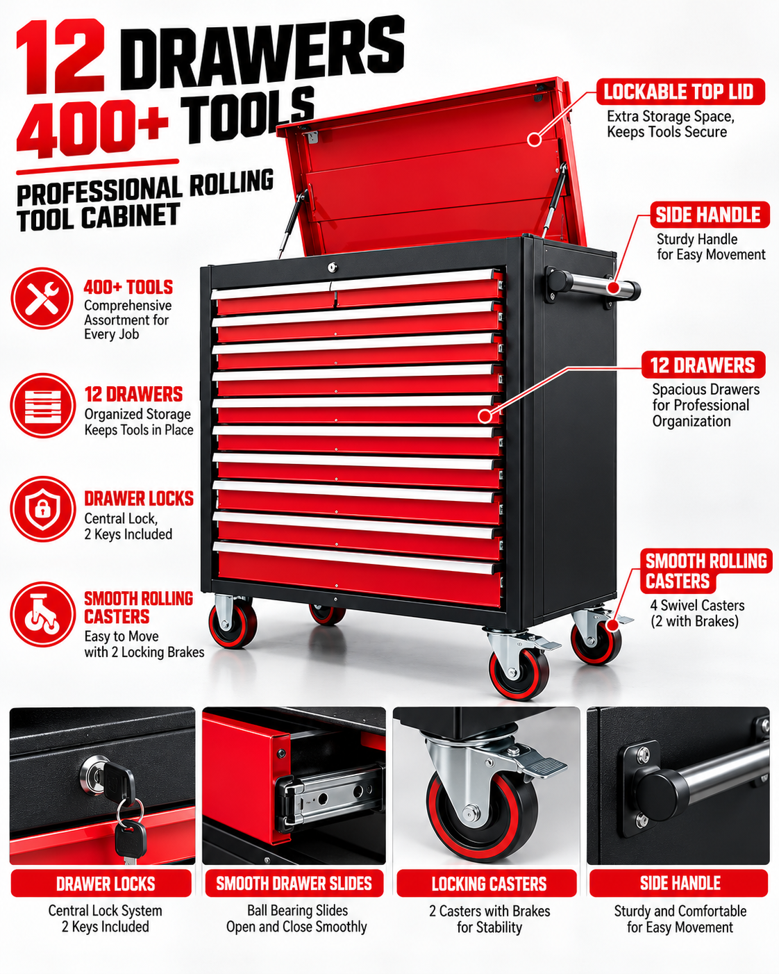 Professional Rolling Tool Cabinet – 12 Drawers with 400+ Tools