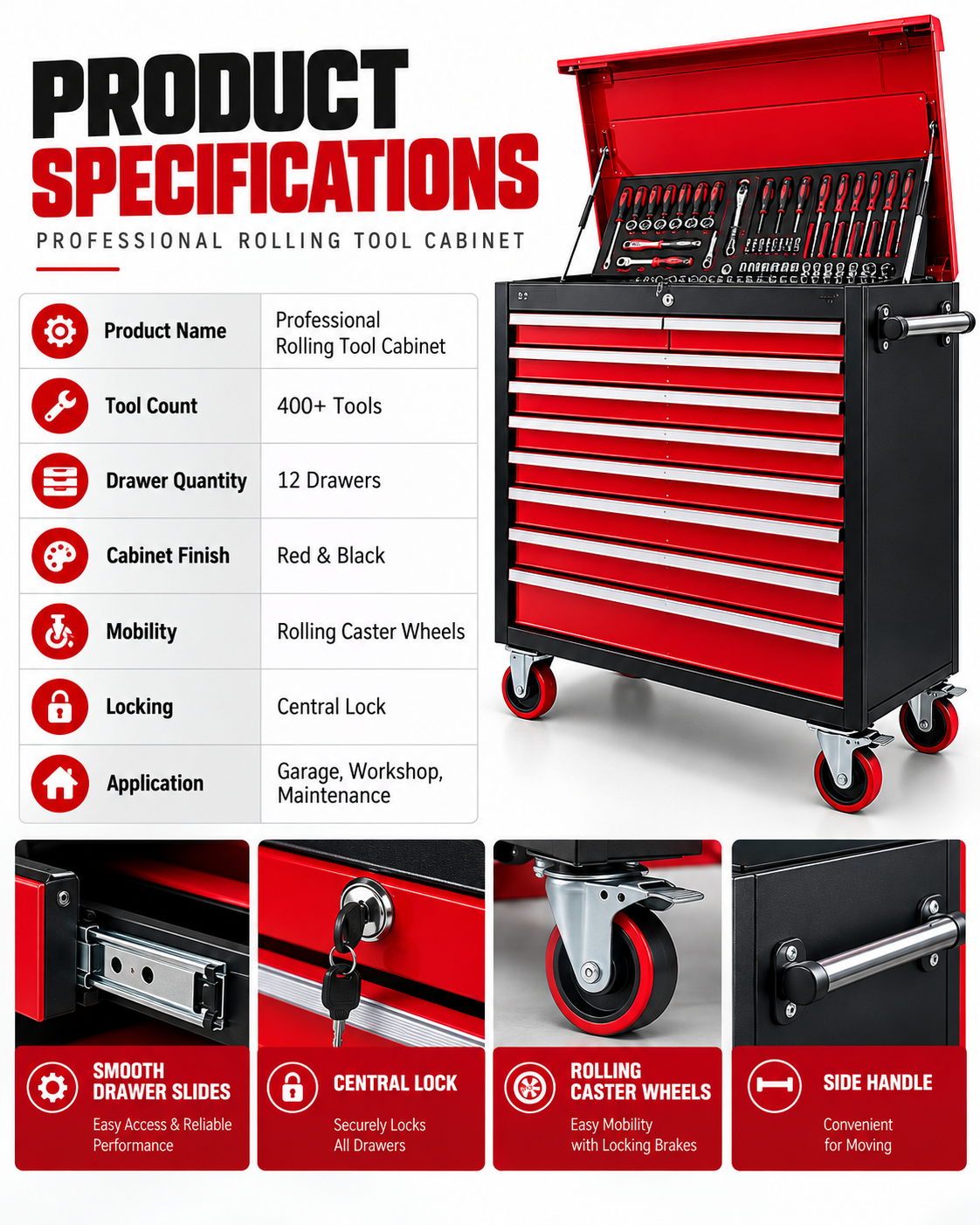 Professional Rolling Tool Cabinet – 12 Drawers with 400+ Tools