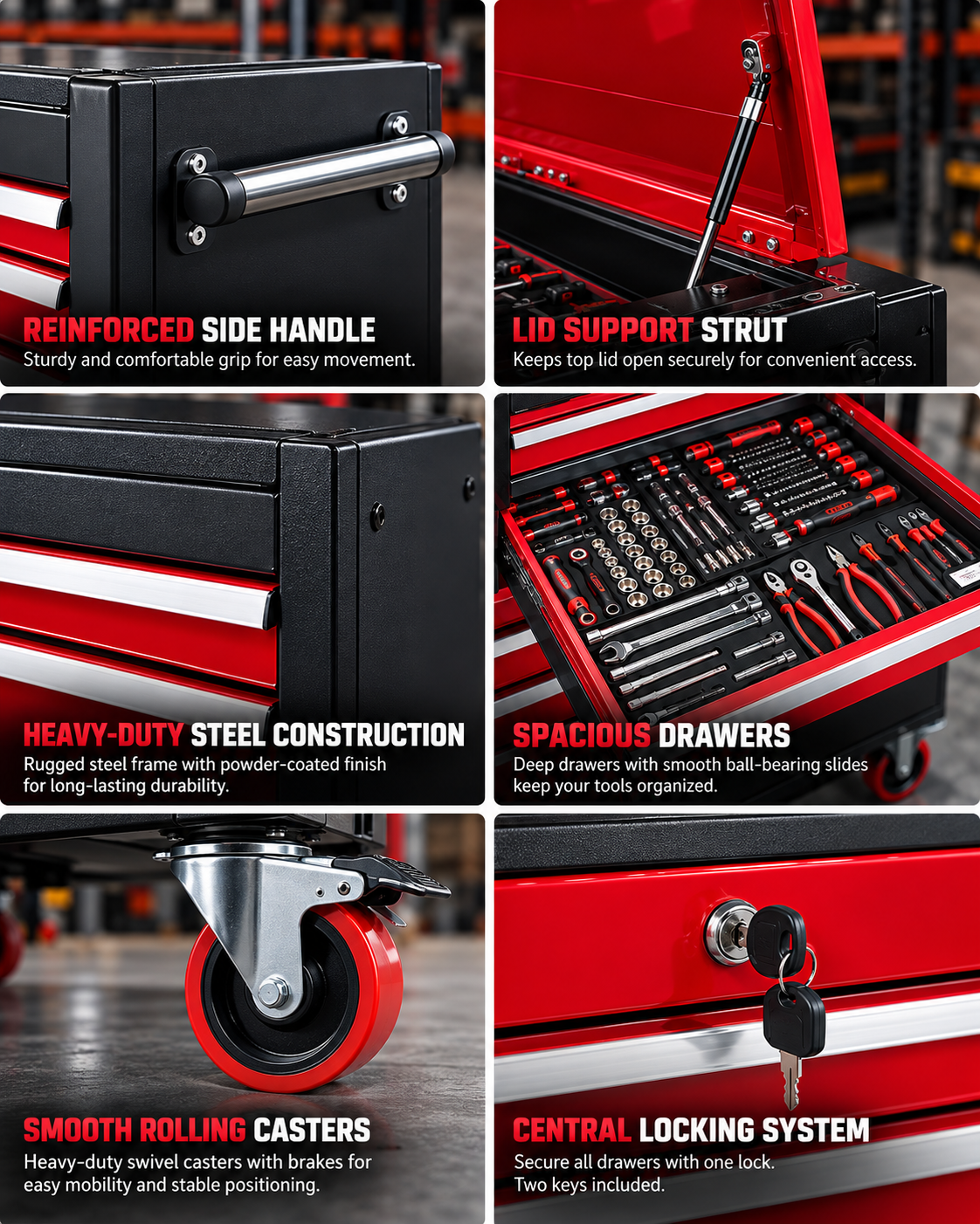 Illustrated tool drawer and cabinet component closeups