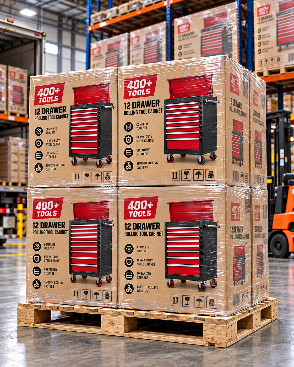 Illustrative wrapped pallet of tool cabinet cartons