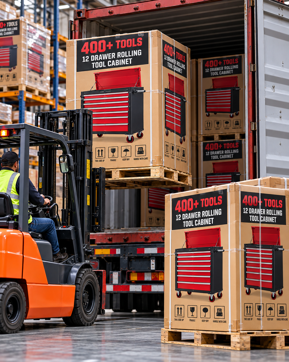 Illustrative warehouse and container loading of packaged tool cabinets