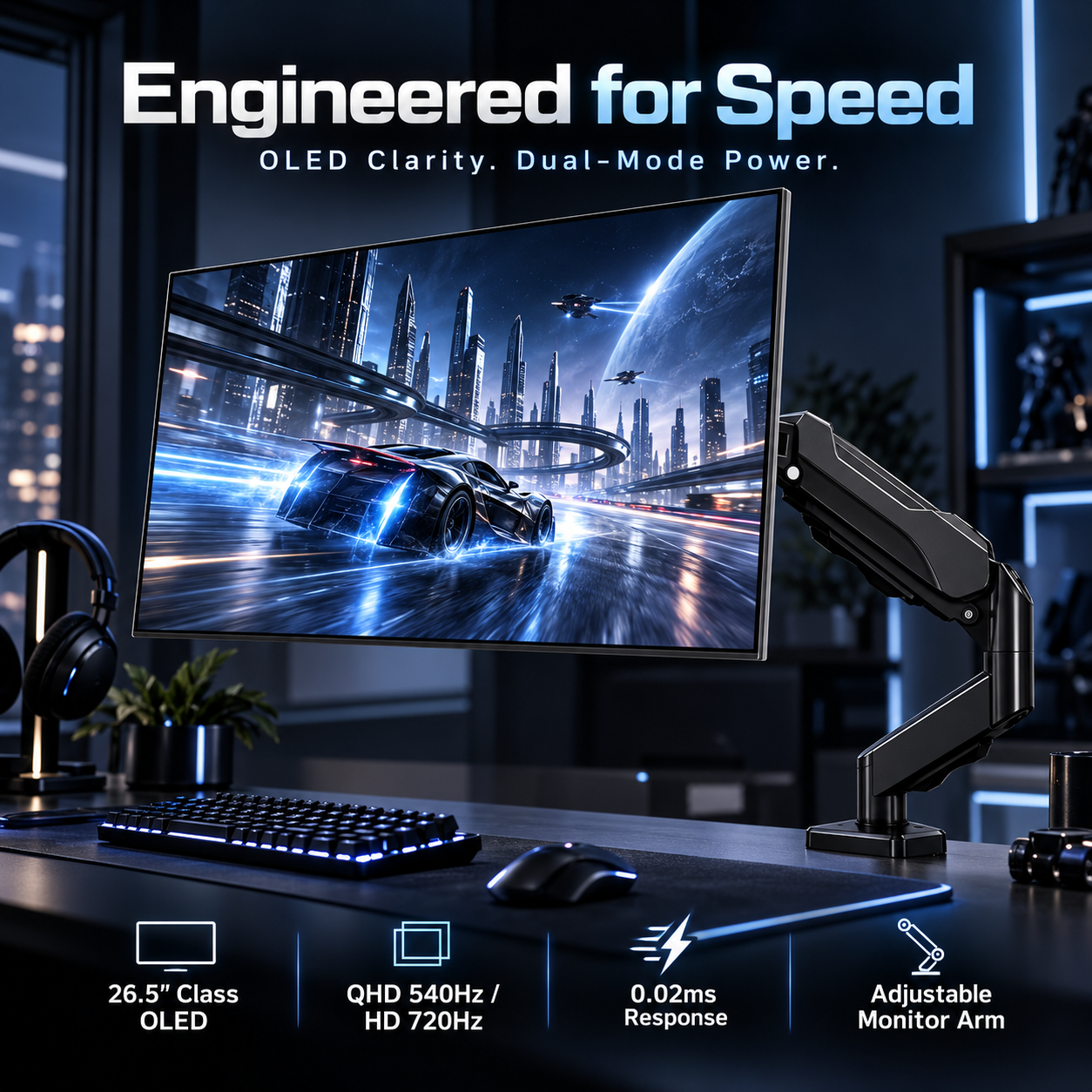 27" Dual-Mode OLED Gaming Monitor with Premium Monitor Arm