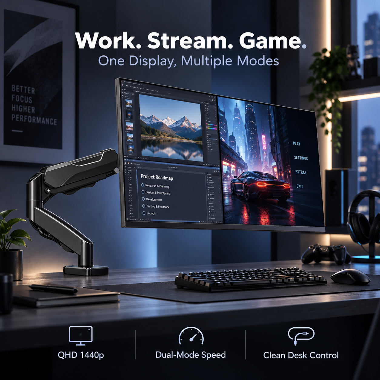 27" Dual-Mode OLED Gaming Monitor with Premium Monitor Arm