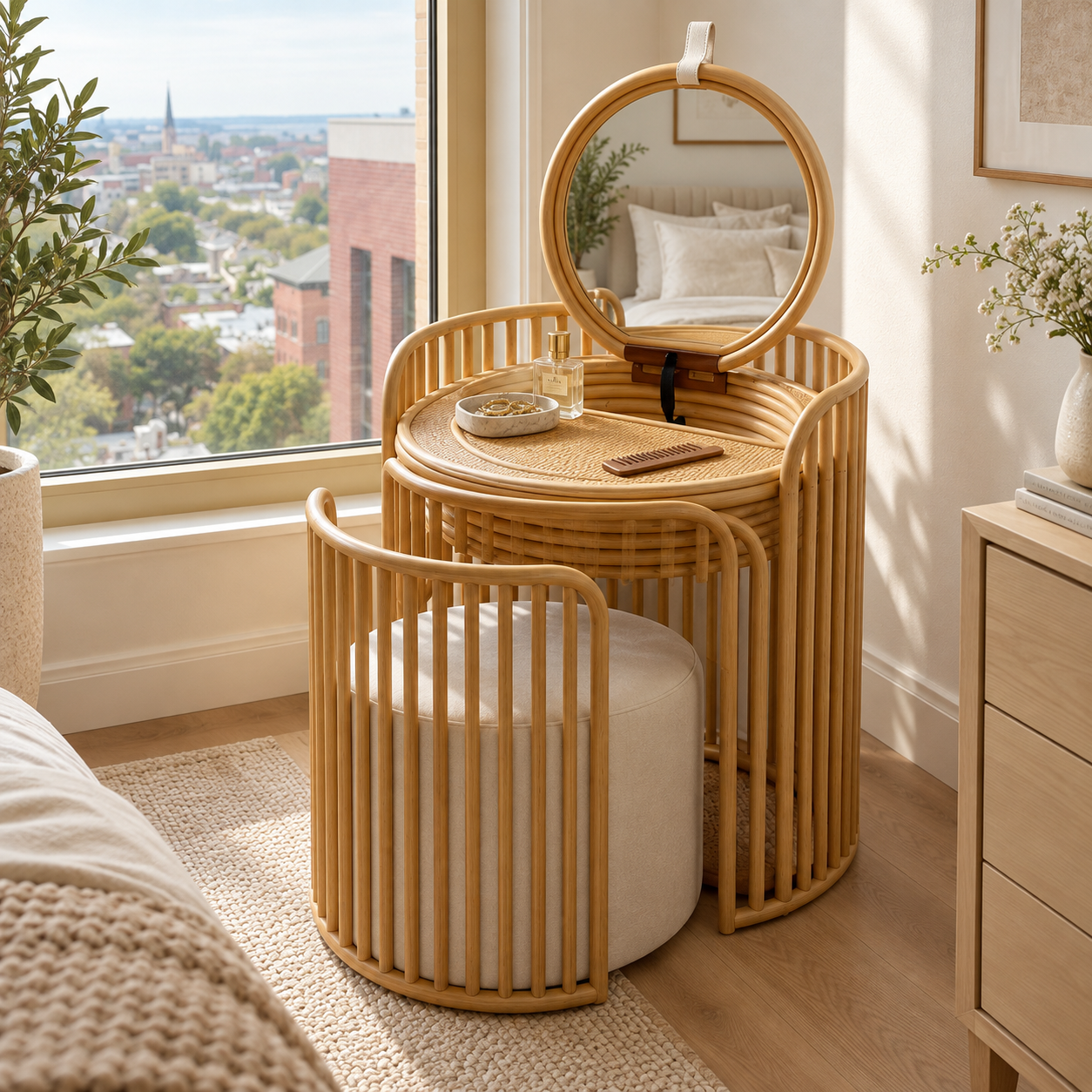 Space-Saving Rattan Vanity with Hidden Mirror & Nesting Stool