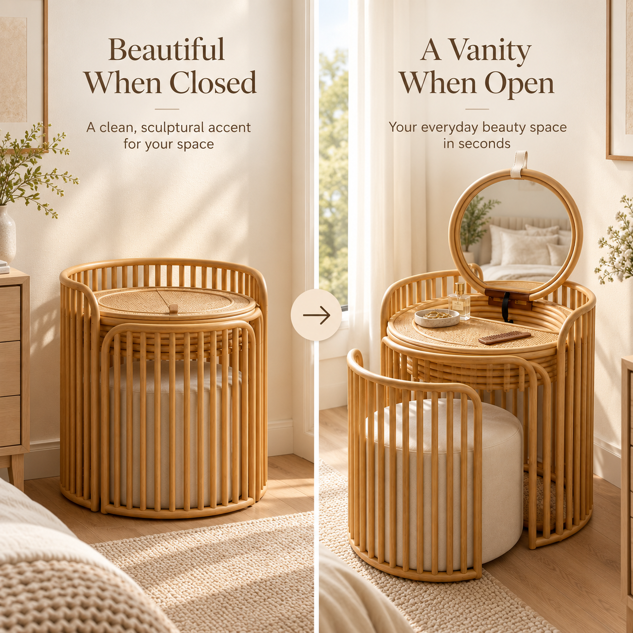 Space-Saving Rattan Vanity with Hidden Mirror & Nesting Stool