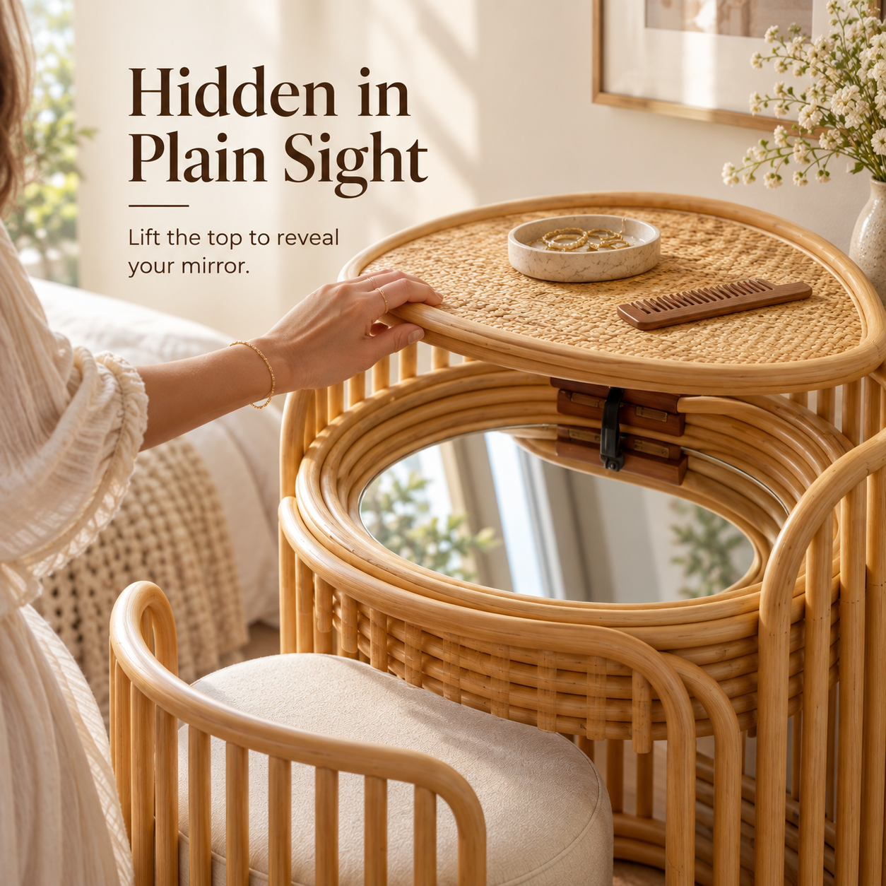 Space-Saving Rattan Vanity with Hidden Mirror & Nesting Stool