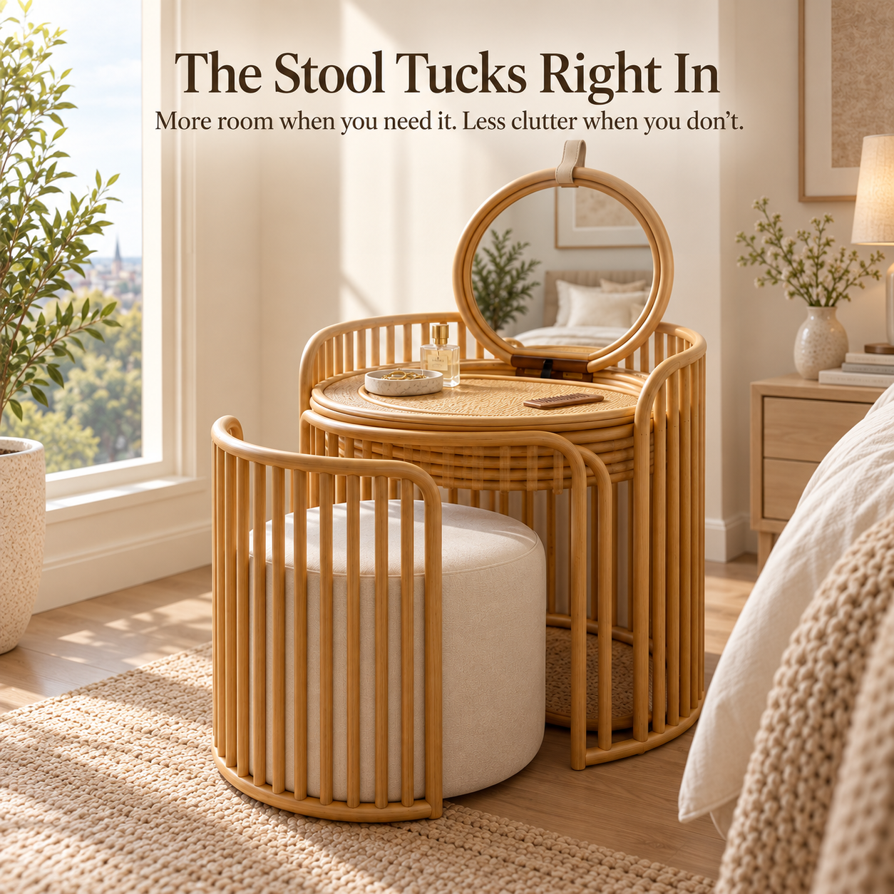 Space-Saving Rattan Vanity with Hidden Mirror & Nesting Stool