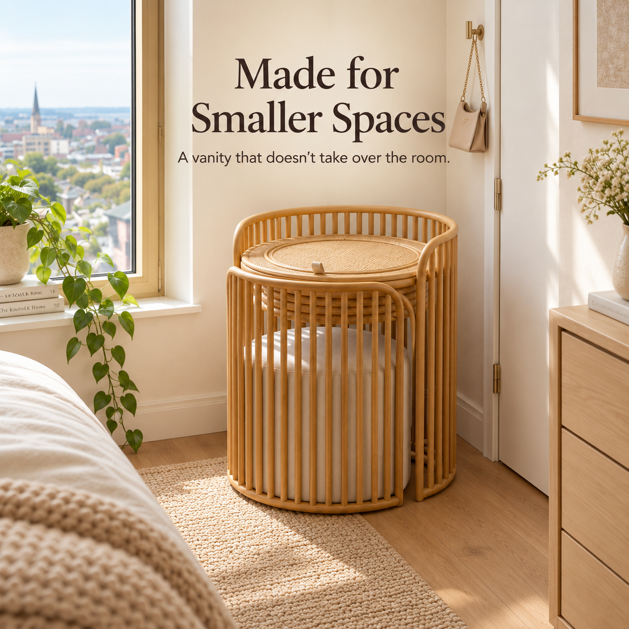 Space-Saving Rattan Vanity with Hidden Mirror & Nesting Stool