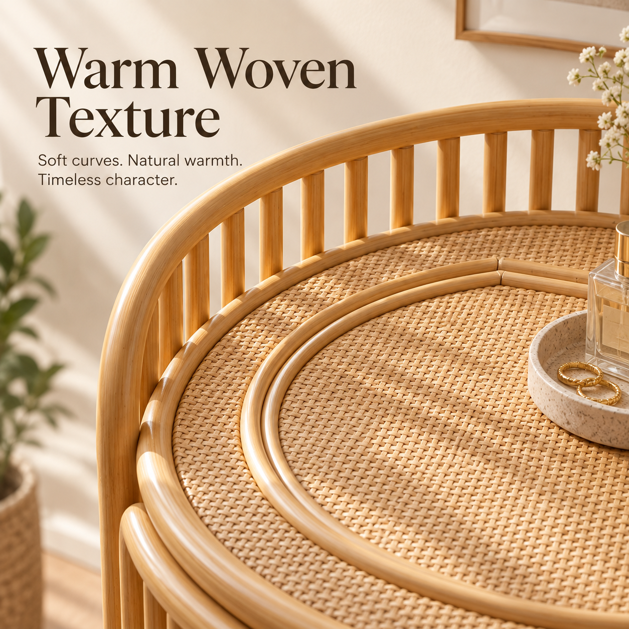Space-Saving Rattan Vanity with Hidden Mirror & Nesting Stool