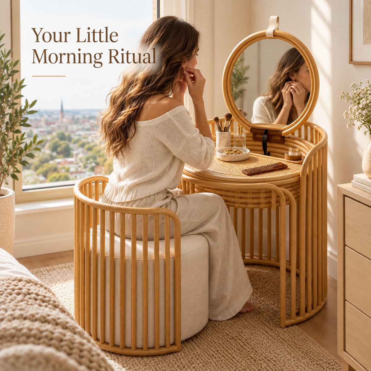 Space-Saving Rattan Vanity with Hidden Mirror & Nesting Stool