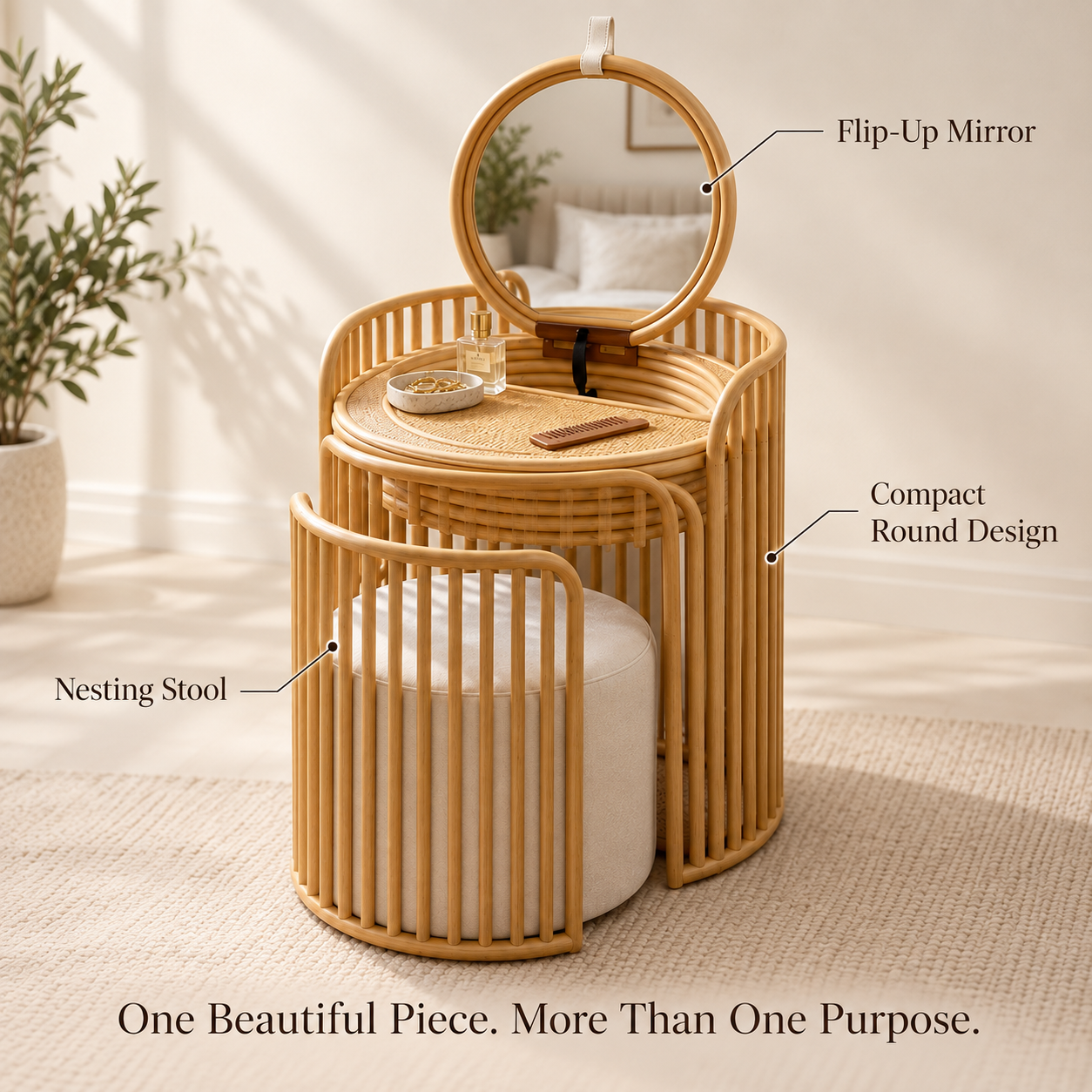 Space-Saving Rattan Vanity with Hidden Mirror & Nesting Stool