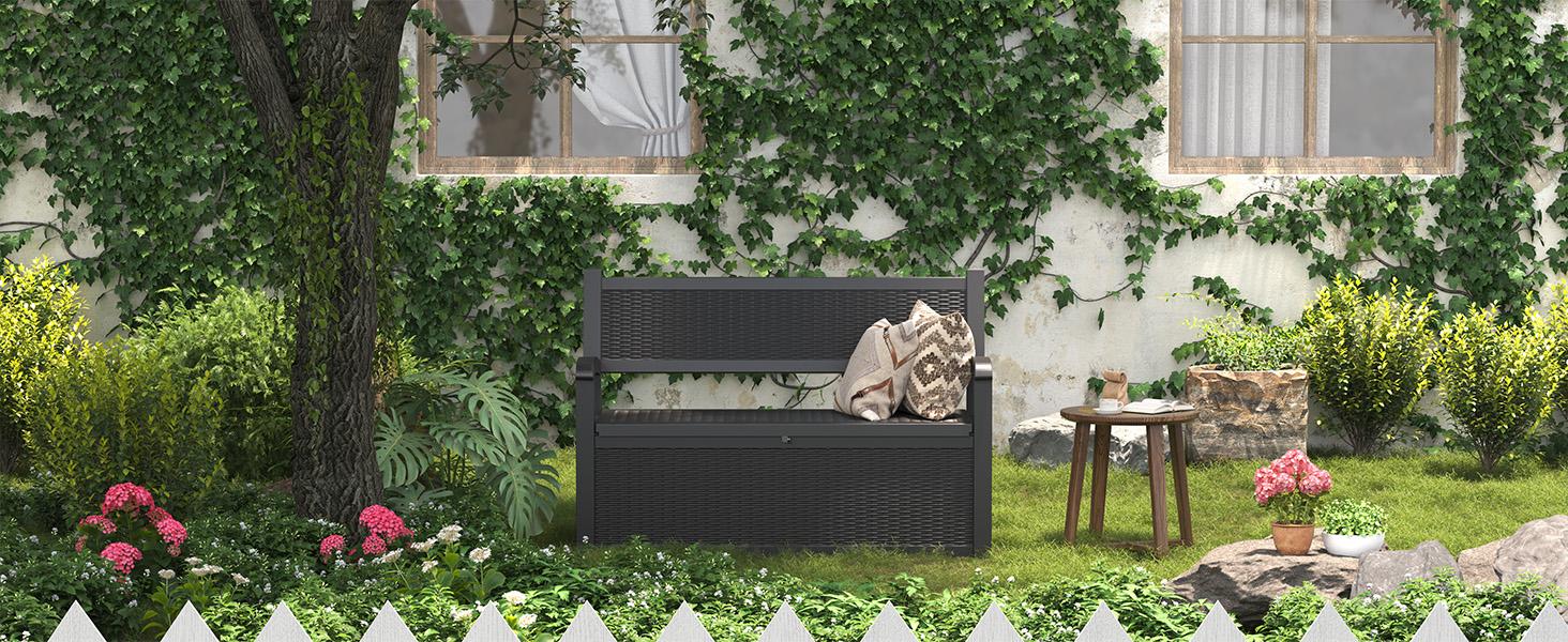 70 Gallon Weatherproof Outdoor Storage Bench, 2-in-1 Patio Rattan Textured Deck Box with Seating, Garden Furniture for Cushions, Tools, Balcony Use