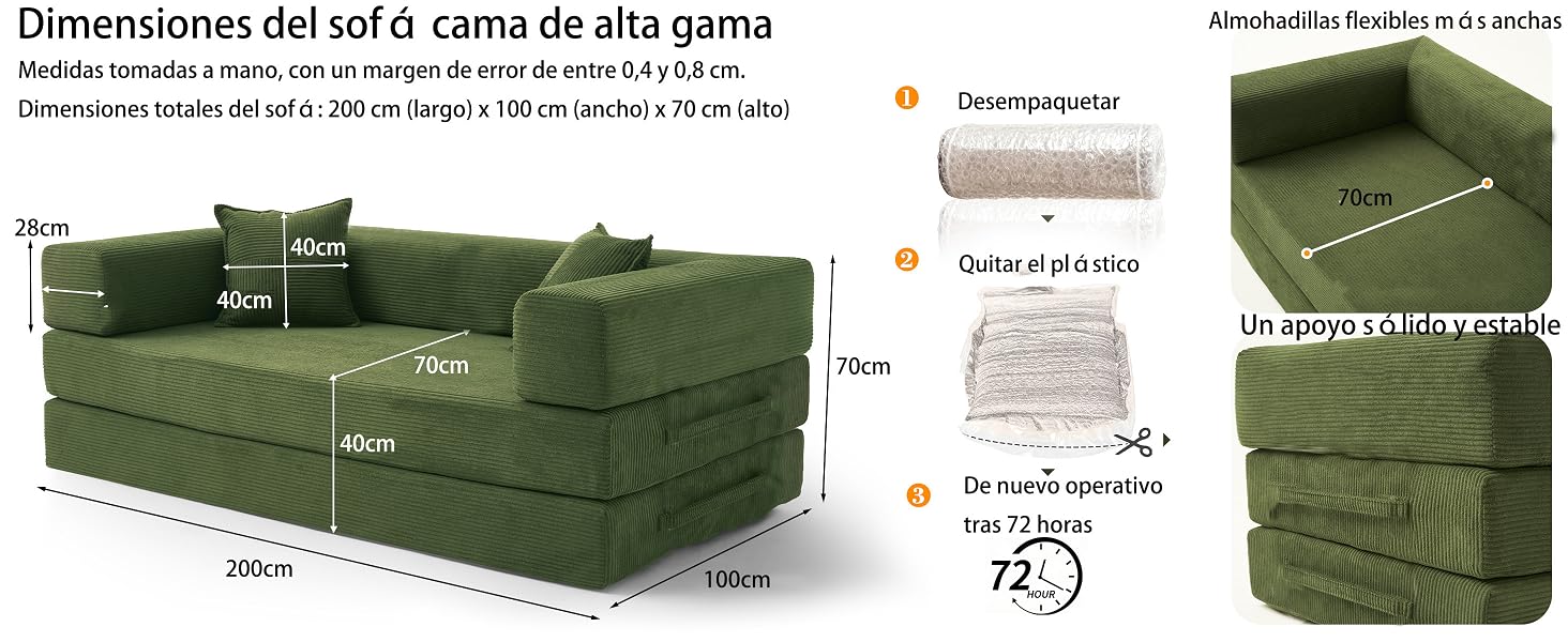 Green convertible sofa bed lifestyle and product details