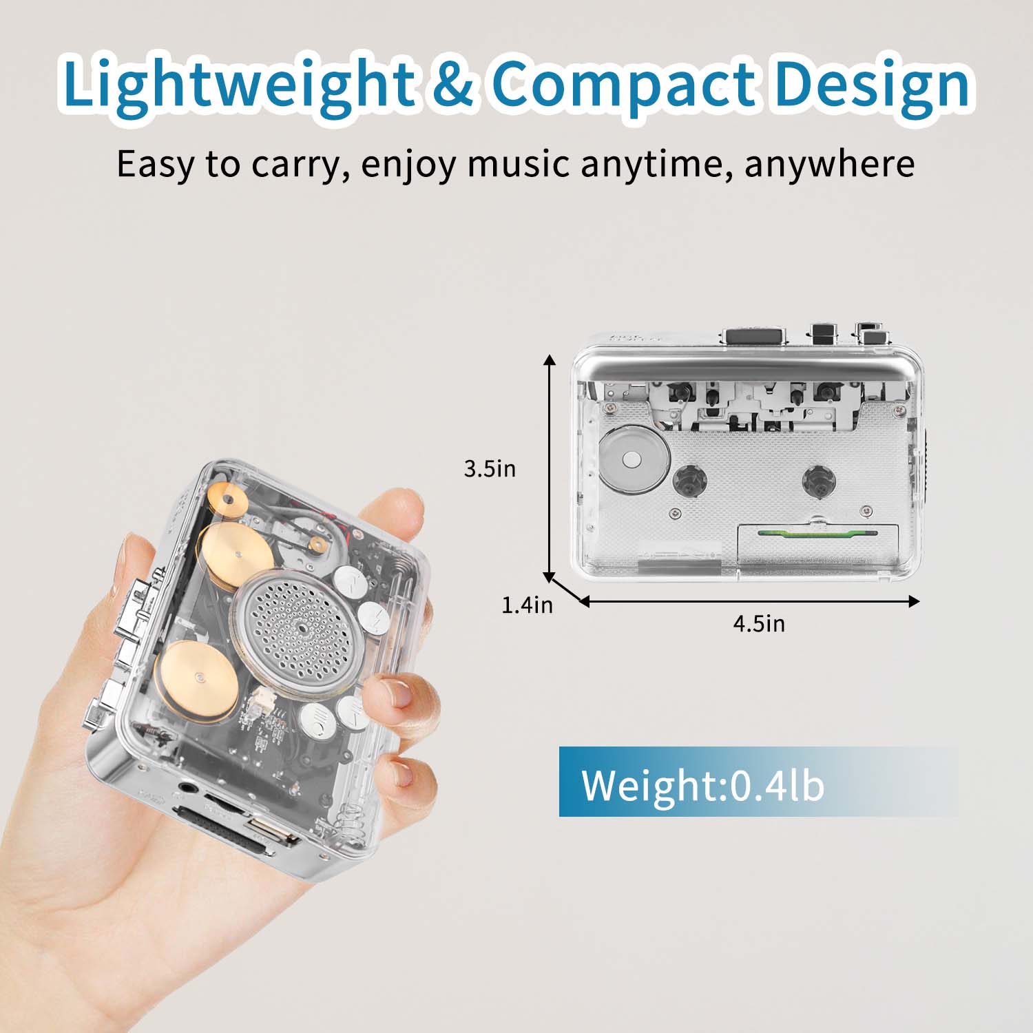 Transparent Radio & Cassette Player, USB Cassette Recorder, Tape-to-Digital Audio MP3 Converter, Push Button, Rechargeable, 3.5 mm Jack, PC-Powered for Music Lovers Rechargeable Radio
