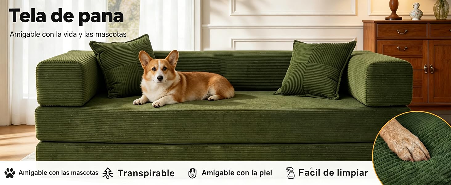 Soft corduroy upholstery detail of the green sofa bed