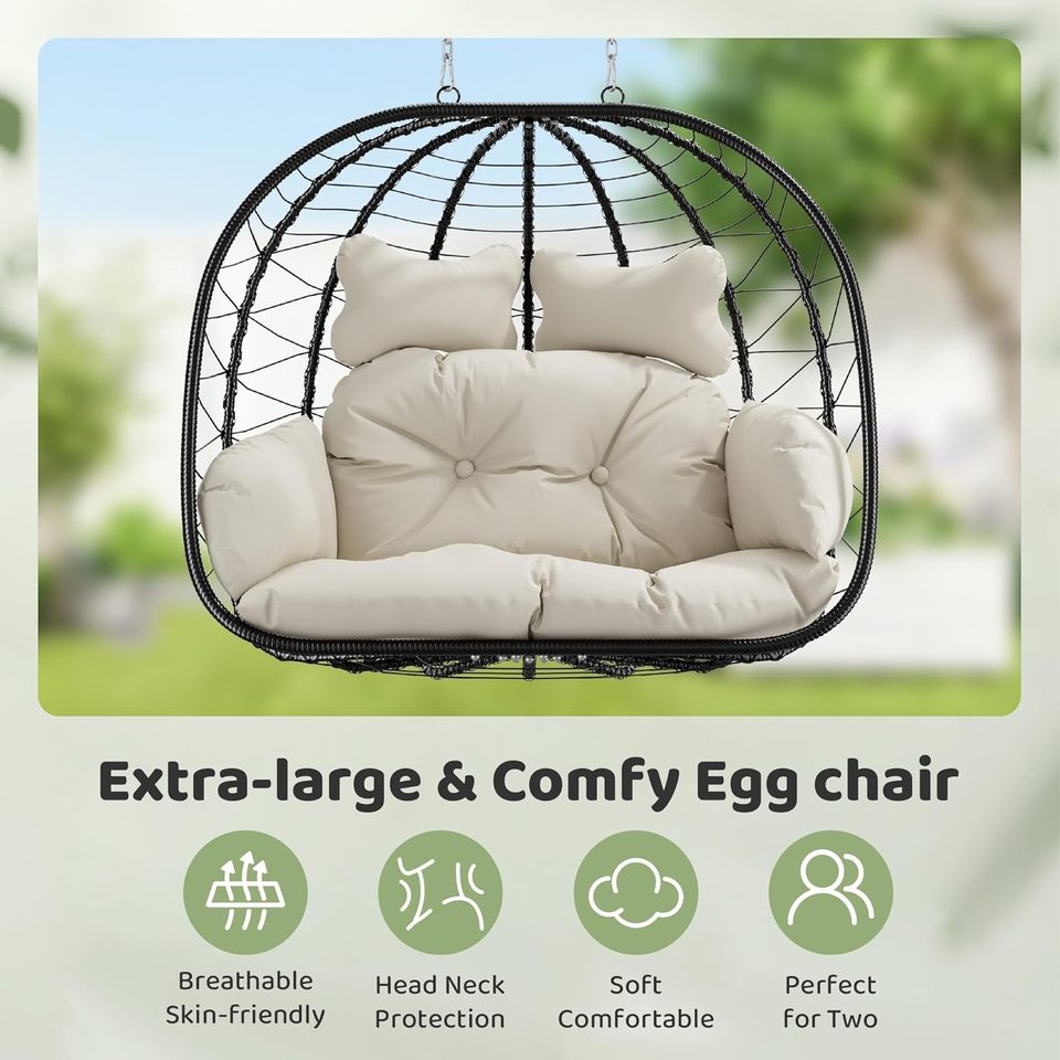 All-Weather 2-Seater Hanging Egg Chair with Stand | Heavy-Duty Lounger (317 kg)
