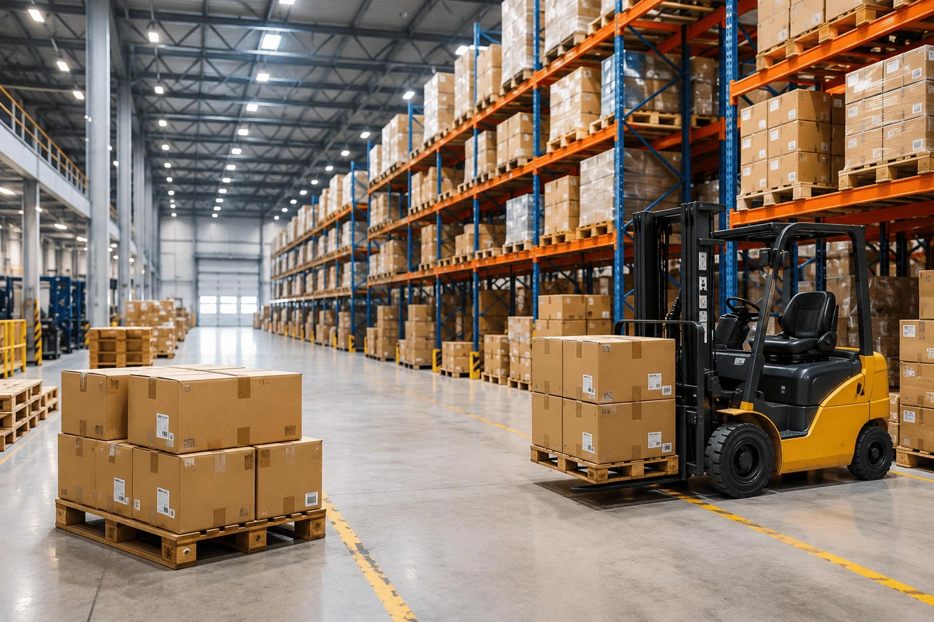 Warehouse with forklift and palletized cartons