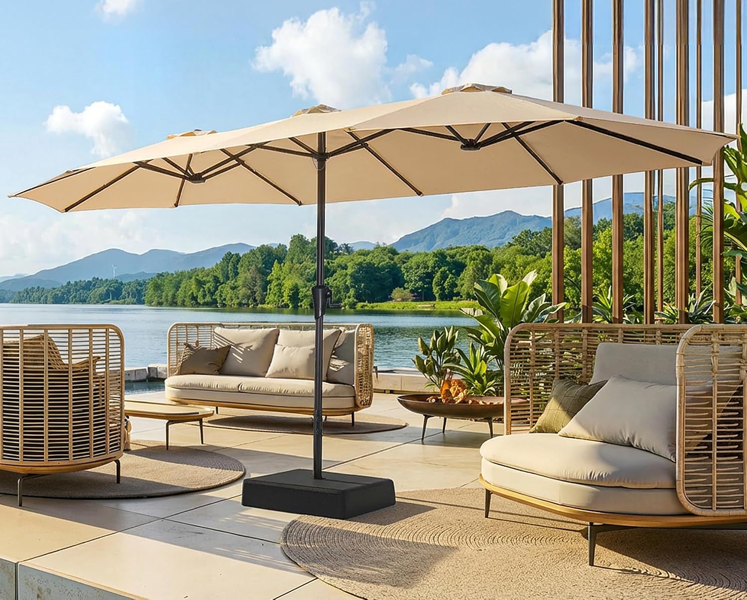 13FT Extra Large Double-Sided Outdoor Patio Umbrella with Base, Fade-Resistant Canopy for Pool, Deck, Garden & Backyard – Light Blue