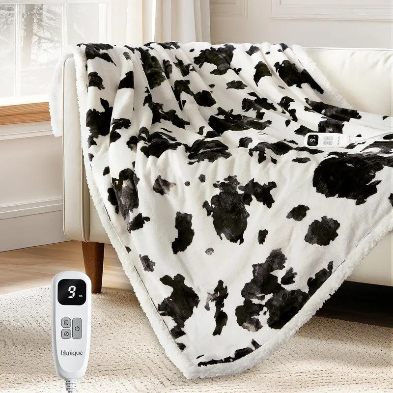 🔥 Cozy Cow Print Electric Heated Throw Blanket – 5 Heat Settings & Auto Shut-Off