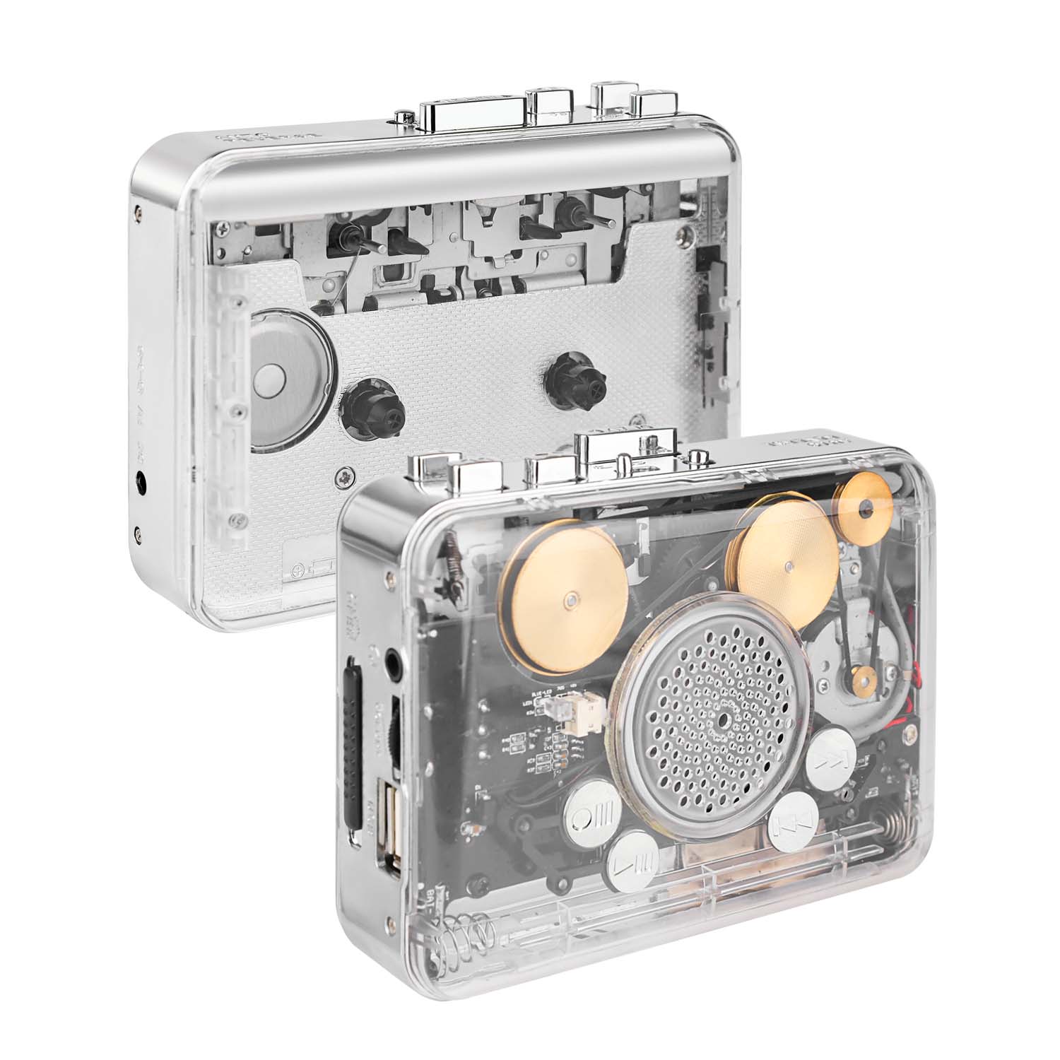 Transparent Radio & Cassette Player, USB Cassette Recorder, Tape-to-Digital Audio MP3 Converter, Push Button, Rechargeable, 3.5 mm Jack, PC-Powered for Music Lovers Rechargeable Radio
