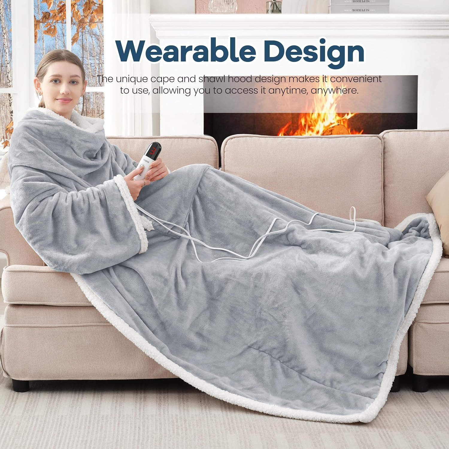 Electric Wearable Heated Blanket with Foot Pocket, Heated Blanket Wearable with Sleeves, Flannel & Sherpa Electric Throw Blanket for Sofa, 10 Heat Settings & 2-8H Auto Shut-Off, 50*70"+18", Light Grey