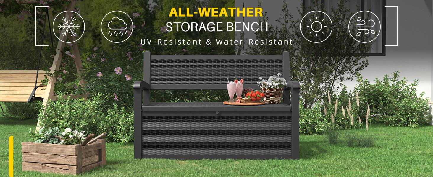 70 Gallon Weatherproof Outdoor Storage Bench, 2-in-1 Patio Rattan Textured Deck Box with Seating, Garden Furniture for Cushions, Tools, Balcony Use